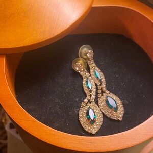 Elegant Gold and Green and White Gem Rhinestones Drop Earrings